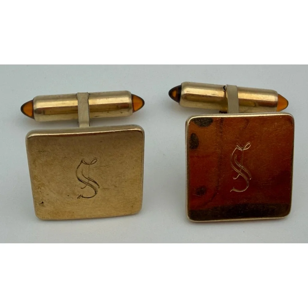 Krementz Vintage Gold Tone Monogram S Square Cufflinks Amber Cabochon Accents